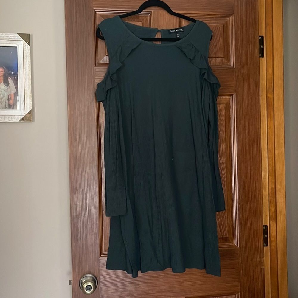 Emerald Green Dress with ruffle detail and Open Shoulder (long Sleeve)